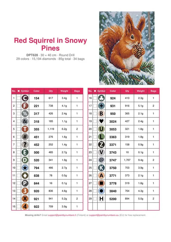 Red Squirrel in Snowy Pines timanttimaalauksen värikartta – 29 DMC-väriä