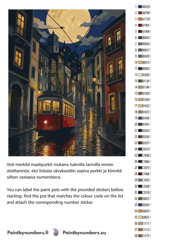 Värikartta ja ohjeet - Red Tram at Night 40x50cm