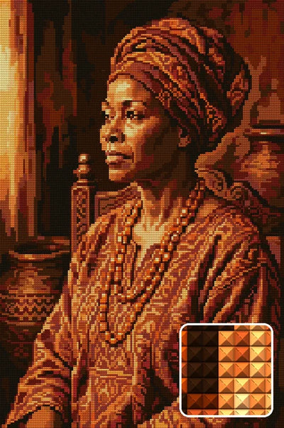 Regal African Woman Portrait, 40x60 cm timanttimaalaus – lopullisen kuvion esikatselu ja lähikuva neliönmuotoisista timanteista