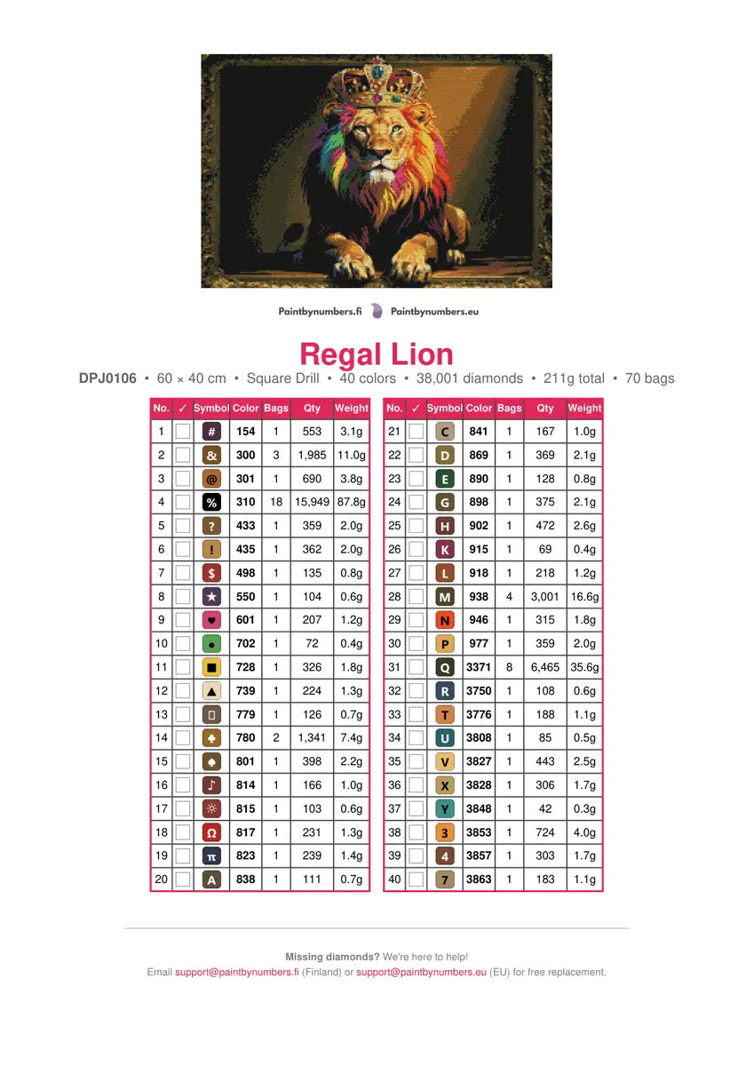 Regal Lion timanttimaalauksen värikartta – 40 DMC-väriä
