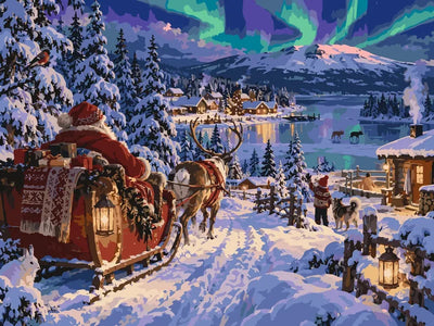 Joulupukki reessä, revontulet ja talvikylä numeromaalaus.