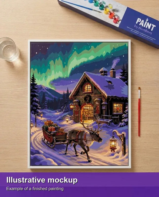 Valmiin numeromaalauksen havainnekuva - Reindeer with Sled and Cabin 40x50cm