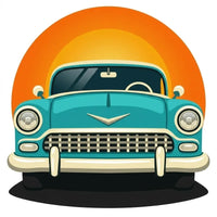 Thumbnail for Timanttimaalaus, jossa turkoosi retroauto ja oranssi auringonlasku.