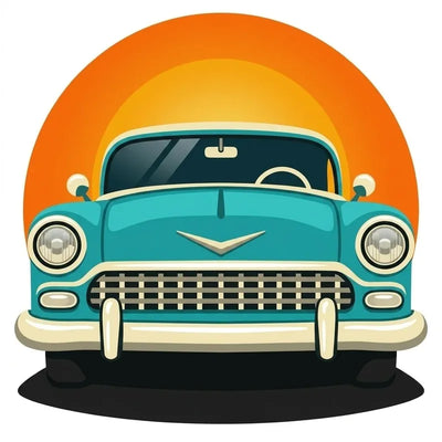 Timanttimaalaus, jossa turkoosi retroauto ja oranssi auringonlasku.