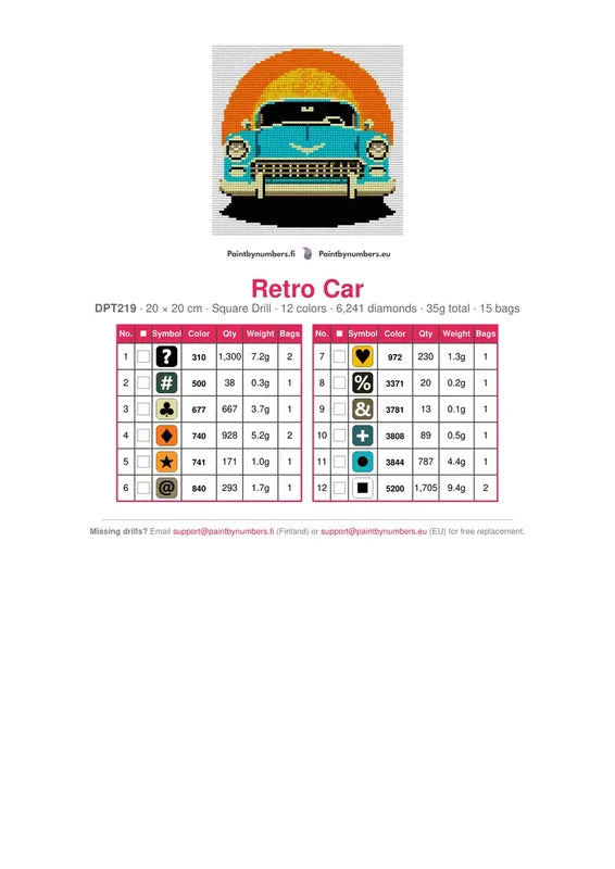 Retro Car timanttimaalauksen värikartta – 12 DMC-väriä