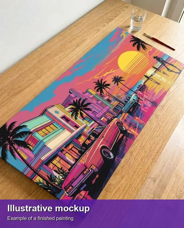 Valmiin numeromaalauksen havainnekuva - Retro Cars on Beach Avenue 80x40cm