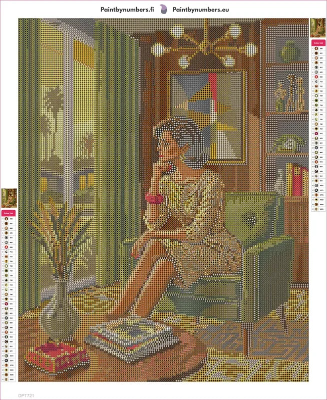 Retro Woman in Midcentury Room timanttimaalauksen liimapintainen canvas 40x50cm