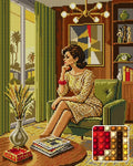 Thumbnail for Retro Woman in Midcentury Room, 40x50 cm timanttimaalaus – lopullisen kuvion esikatselu ja lähikuva pyöreistä timanteista