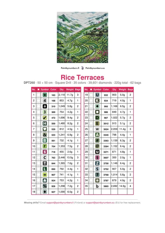 Rice Terraces timanttimaalauksen värikartta – 35 DMC-väriä