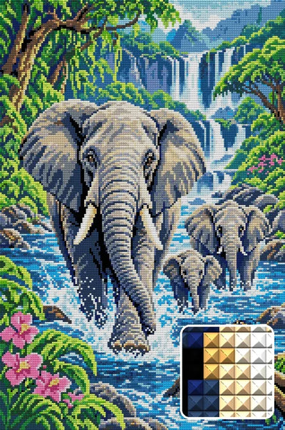 River Crossing of the Giants, 40x60 cm timanttimaalaus – lopullisen kuvion esikatselu ja lähikuva neliönmuotoisista timanteista