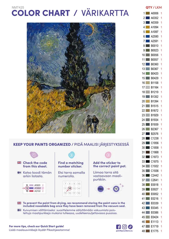 Numeromaalaus: Värikartta ja ohjeet - Road with Cypress and Star 40x50cm