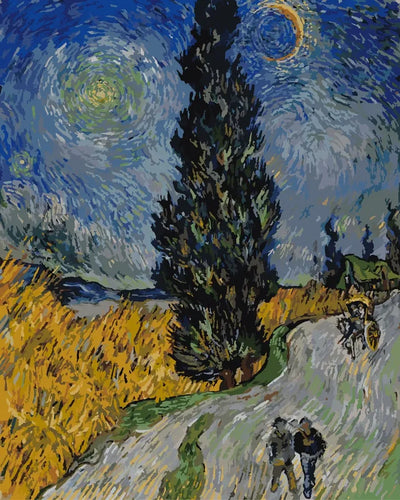 Numeromaalaus van Goghin teoksesta, jossa tumma sypressi kohoaa tien varrella tähtitaivaan alla
