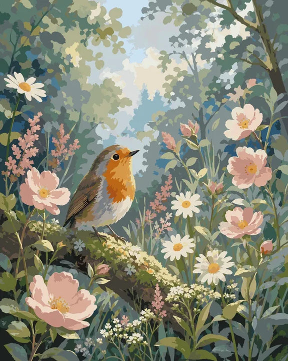 Punarinta oksalla kukkien keskellä numeromaalaus. 40x50cm