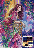 Thumbnail for Romantic Lady On Balcony, 50x70 cm timanttimaalaus – lopullisen kuvion esikatselu ja lähikuva neliönmuotoisista timanteista
