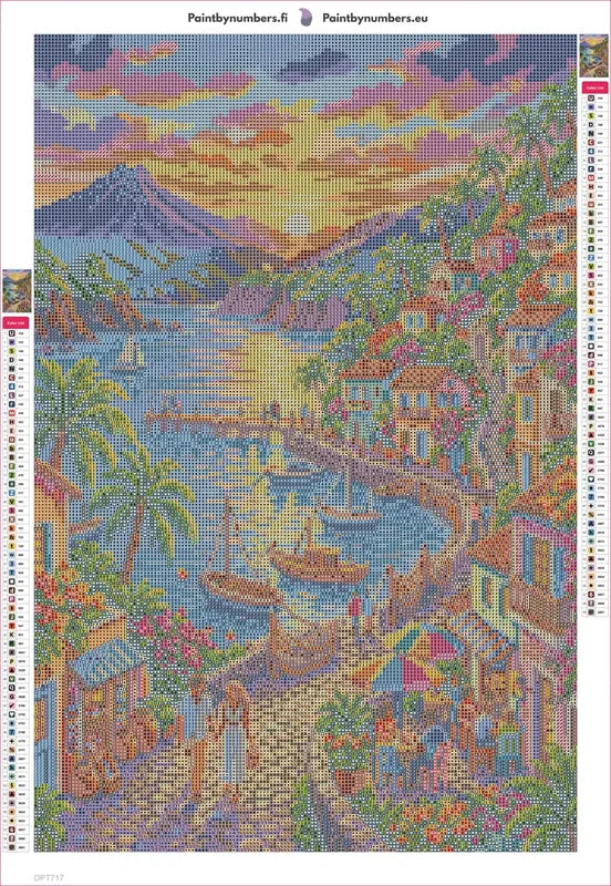 Romantic Seaside Village Sunset timanttimaalauksen liimapintainen canvas 40x60cm