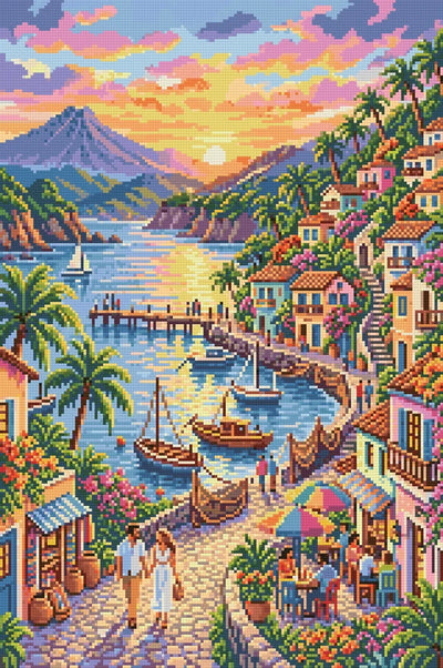 Romantic Seaside Village Sunset, 40x60 cm timanttimaalaus – lopullisen kuvion esikatselu