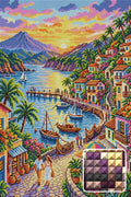 Thumbnail for Romantic Seaside Village Sunset, 40x60 cm timanttimaalaus – lopullisen kuvion esikatselu ja lähikuva neliönmuotoisista timanteista
