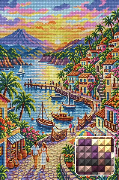 Romantic Seaside Village Sunset, 40x60 cm timanttimaalaus – lopullisen kuvion esikatselu ja lähikuva neliönmuotoisista timanteista