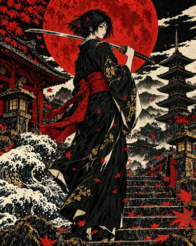 Ronin Under the Blood Moon, 40x50 cm timanttimaalaus – alkuperäinen kuva, josta kuvio on tehty