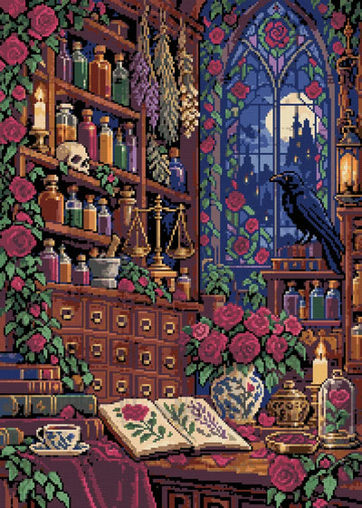 Rose Apothecary at Midnight, 50x70 cm timanttimaalaus – lopullisen kuvion esikatselu