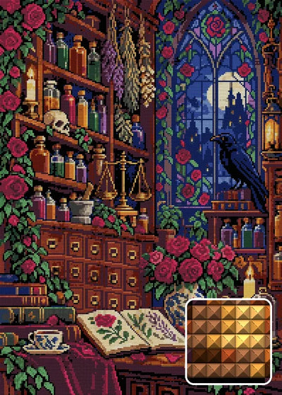Rose Apothecary at Midnight, 50x70 cm timanttimaalaus – lopullisen kuvion esikatselu ja lähikuva neliönmuotoisista timanteista