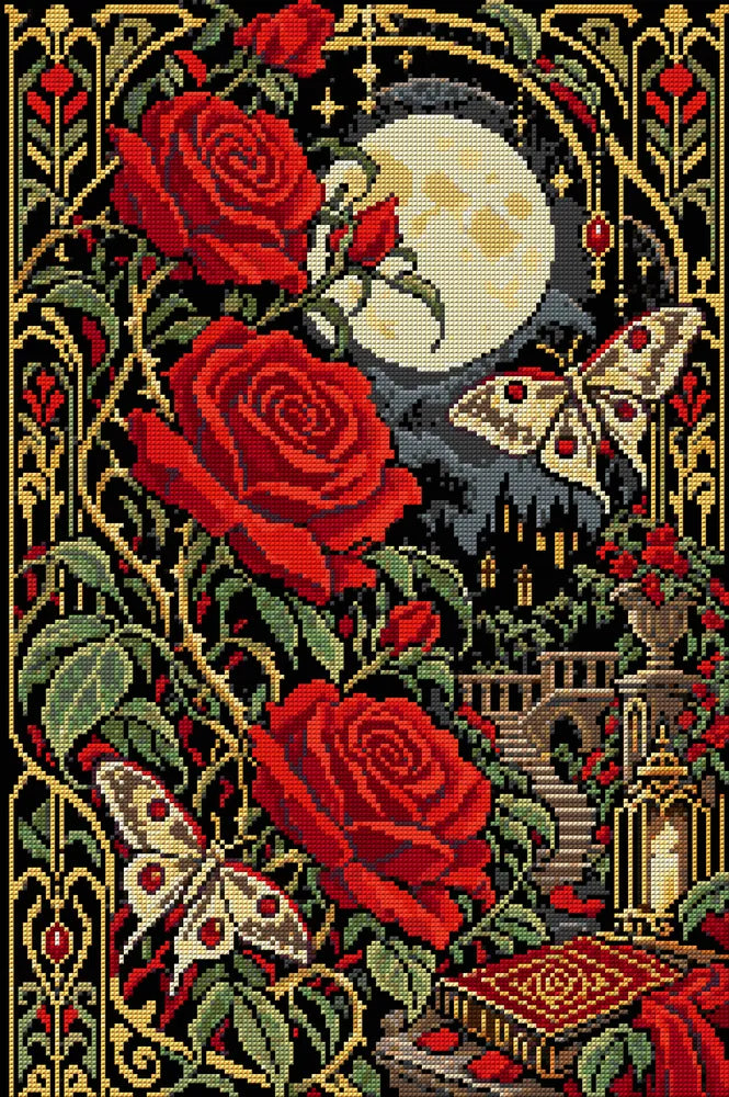 Rose Moon in Black Velvet, 40x60 cm timanttimaalaus – koko kuvion esikatselu ilman lähikuvaa