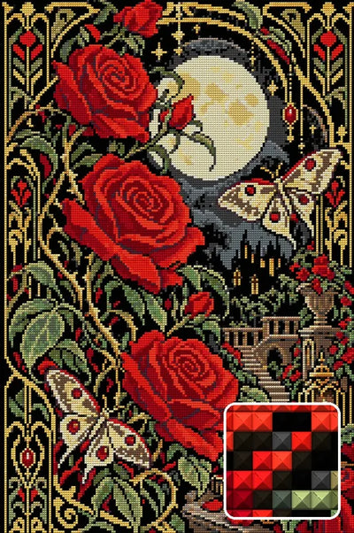 Rose Moon in Black Velvet, 40x60 cm timanttimaalaus – lopullisen kuvion esikatselu ja lähikuva neliönmuotoisista timanteista