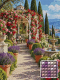 Thumbnail for Rose Pavilion Afternoon, 60x80 cm timanttimaalaus – lopullisen kuvion esikatselu ja lähikuva neliönmuotoisista timanteista