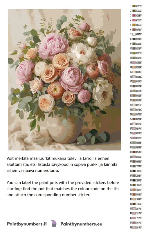 Värikartta ja ohjeet - Roses and Peonies Bouquet 40x50cm