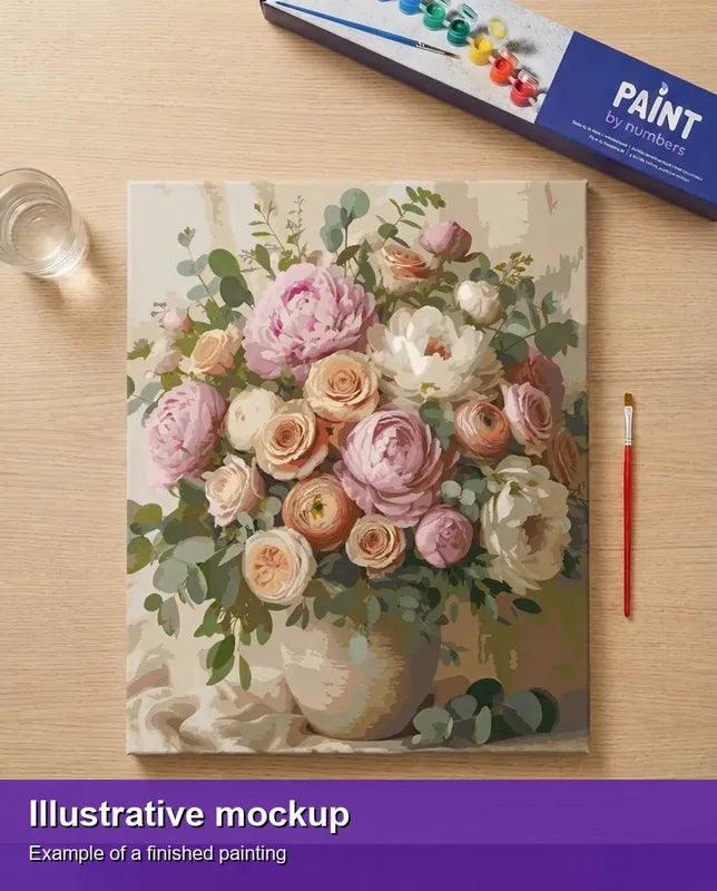 Valmiin numeromaalauksen havainnekuva - Roses and Peonies Bouquet 40x50cm