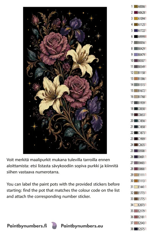 Värikartta ja ohjeet - Roses Lilies and Irises 40x70cm