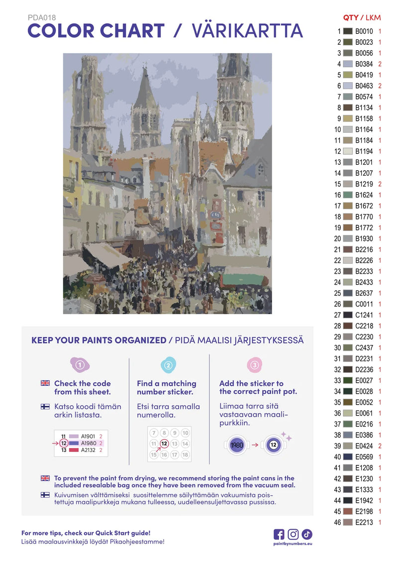 Paint by numbers color chart - Rouen Cathedral Facade - väriluettelo ja ohjeet