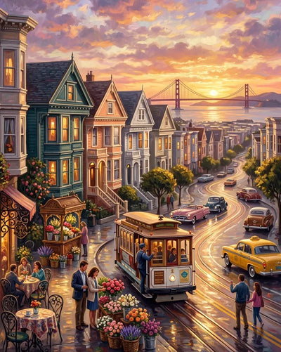 Timanttimaalaus San Franciscon raitiovaunusta, viktoriaanisista taloista ja auringonlaskusta.