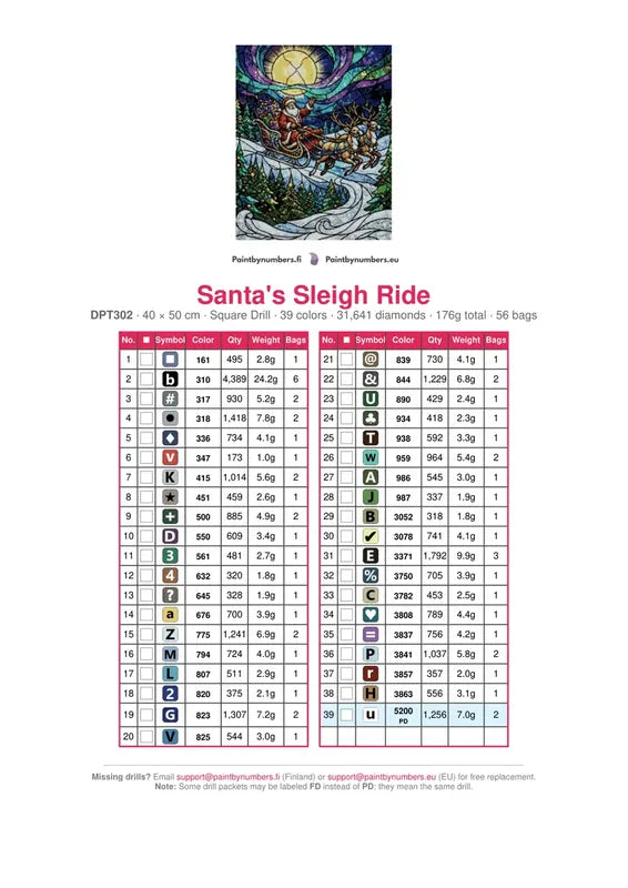 Santa's Sleigh Ride timanttimaalauksen värikartta – 39 DMC-väriä