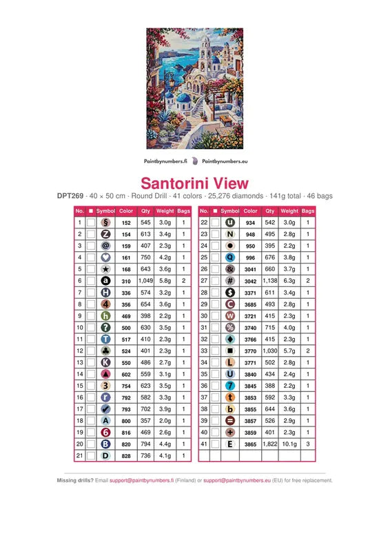 Santorini View timanttimaalauksen värikartta – 41 DMC-väriä