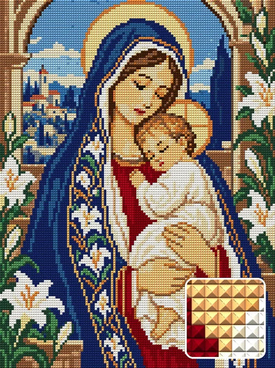 Sapphire Mantle and Lilies, 30x40 cm timanttimaalaus – lopullisen kuvion esikatselu ja lähikuva neliönmuotoisista timanteista