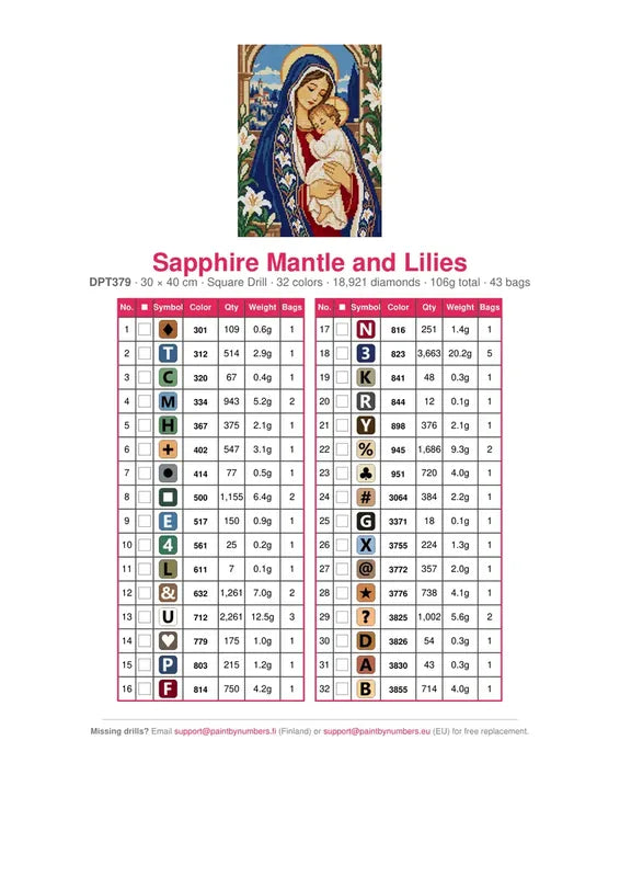 Sapphire Mantle and Lilies timanttimaalauksen värikartta – 32 DMC-väriä