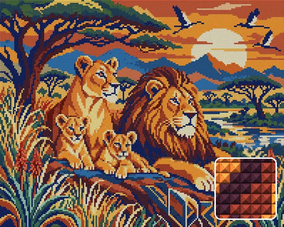 Savanna Family Tapestry, 50x40 cm timanttimaalaus – lopullisen kuvion esikatselu ja lähikuva neliönmuotoisista timanteista