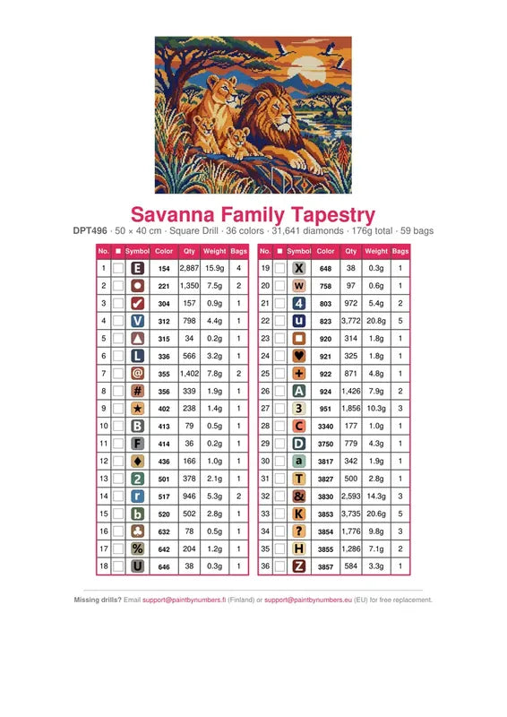 Savanna Family Tapestry timanttimaalauksen värikartta – 36 DMC-väriä