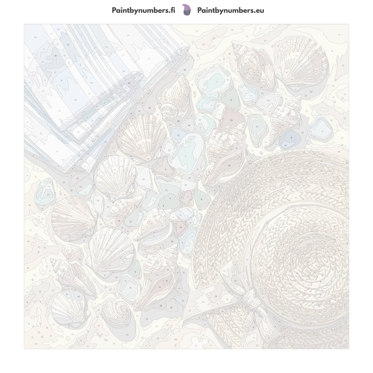 Numeroitu kangas - Seashells and Sun Hat 50x50cm