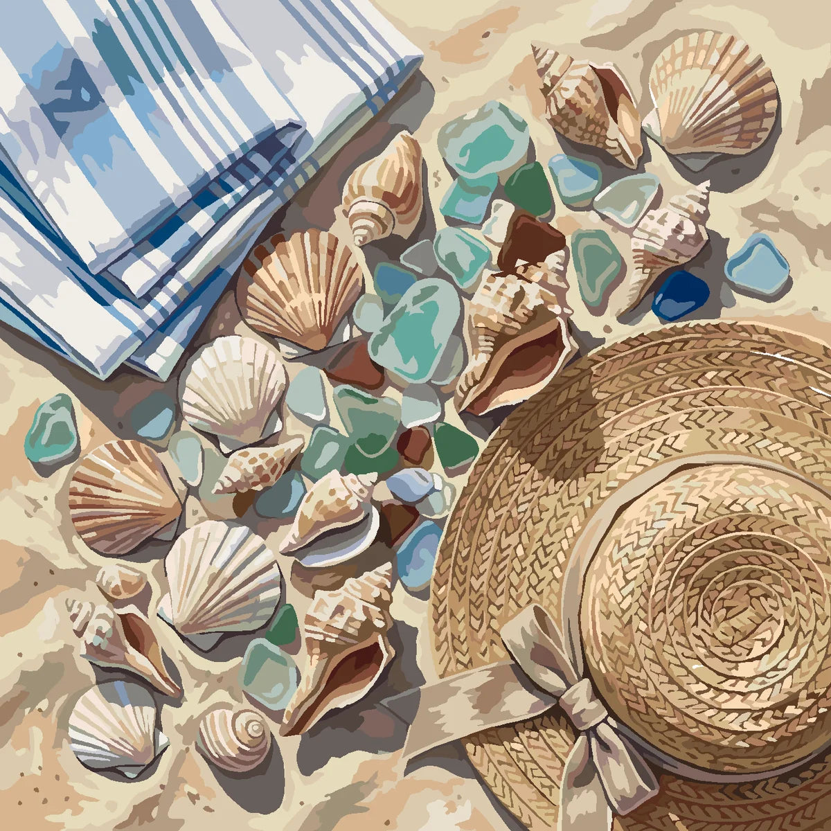 Simpukat, lasipalat, pyyhe ja olkihattu hiekkarannalla numeromaalaus.