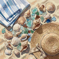 Thumbnail for Simpukat, lasipalat, pyyhe ja olkihattu hiekkarannalla numeromaalaus.