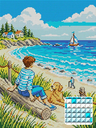 Seaside Relaxation With Dog, 30x40 cm timanttimaalaus – lopullisen kuvion esikatselu ja lähikuva neliönmuotoisista timanteista