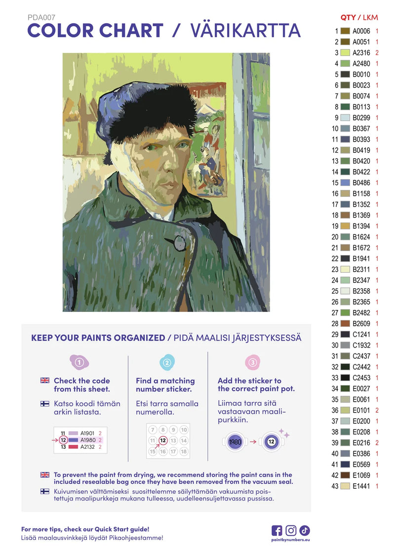 Paint by numbers color chart - Self Portrait with Bandaged Ear - väriluettelo ja ohjeet