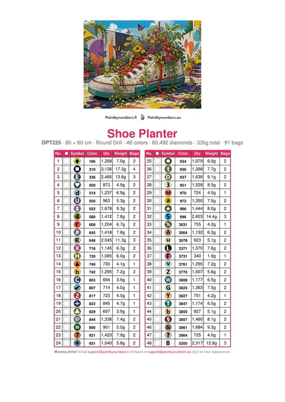 Shoe Planter timanttimaalauksen värikartta – 48 DMC-väriä