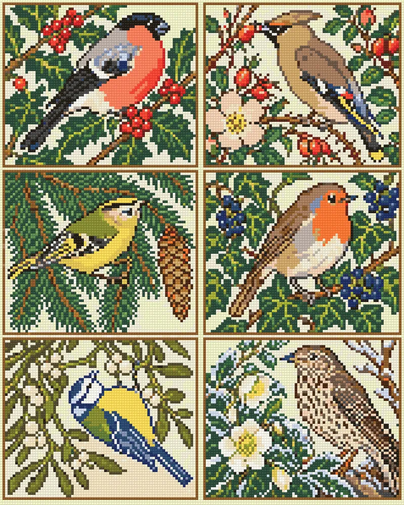 Six December Garden Birds, 40x50 cm timanttimaalaus – lopullisen kuvion esikatselu