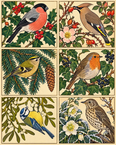 Six December Garden Birds, 40x50 cm timanttimaalaus – alkuperäinen kuva, josta kuvio on tehty