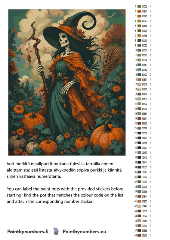 Värikartta ja ohjeet - Skeleton Witch with Pumpkins 40x50cm