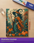 Thumbnail for Valmiin numeromaalauksen havainnekuva - Skeleton Witch with Pumpkins 40x50cm