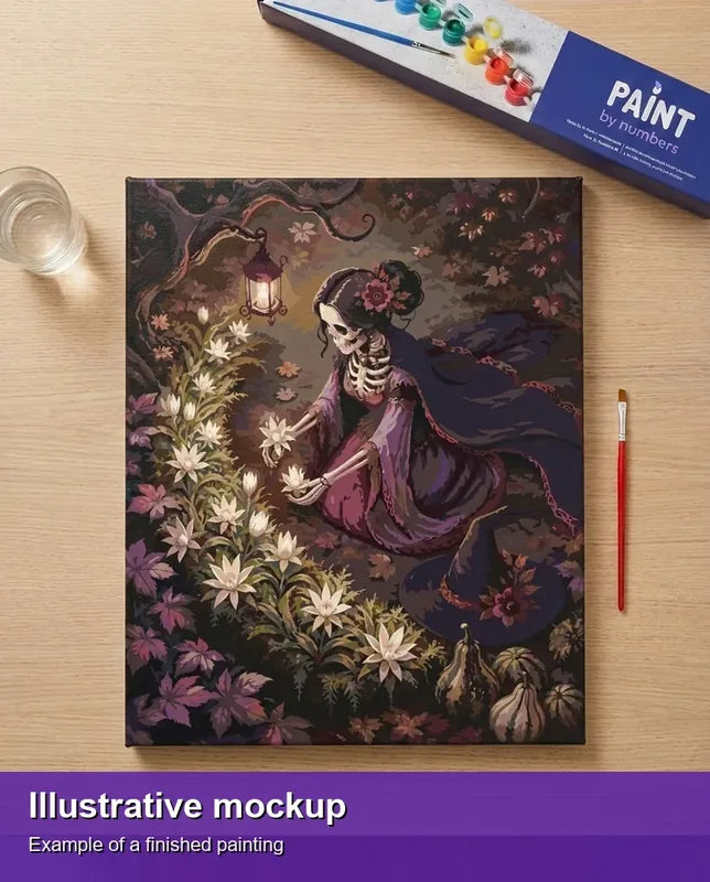 Valmiin numeromaalauksen havainnekuva - Skeleton Woman with Flowers 40x50cm